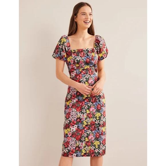 BODEN Moire Bloom  puffed sleeves a romantic square neck midi dress sz XL 16-18 - Picture 1 of 11